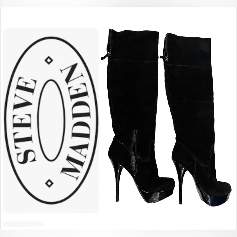Steve Madden Boots Calgarry Vintage Black Suede Over-the-Knee Platforms Sz 9 EUC